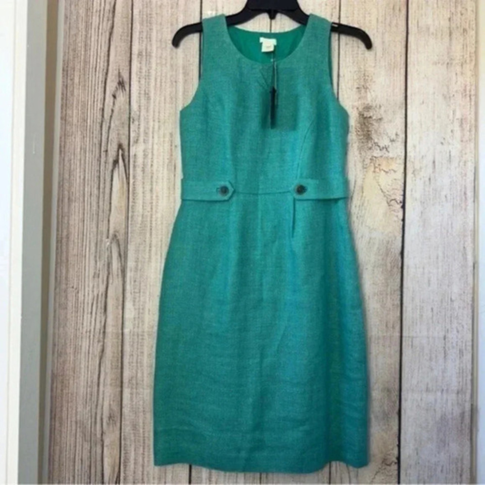 J Crew Attaché Dress in Linen-Canvas Green Sleeveless Career Jute Tweed size 0